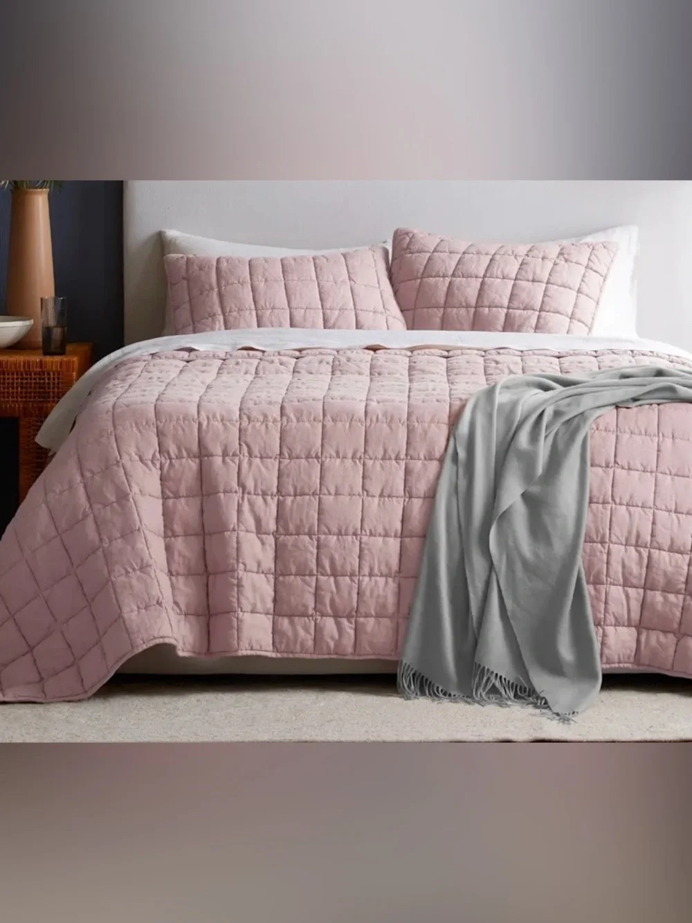 Quince European Linen Box Quilted Sham Set, King (Dusty Mauve)